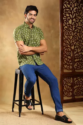Hasrat green cotton hand block shirt