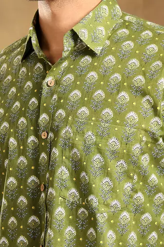 Hasrat green cotton hand block shirt
