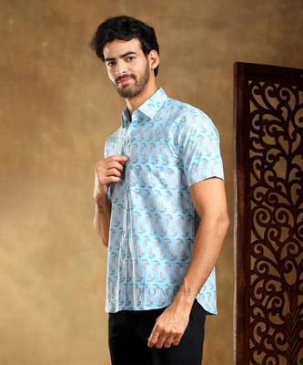 Vistaar blue cotton hand block shirt 1