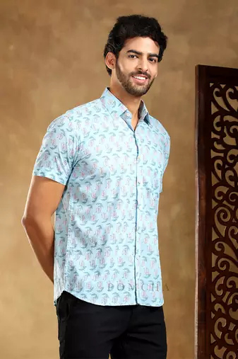 Vistaar blue cotton hand block shirt