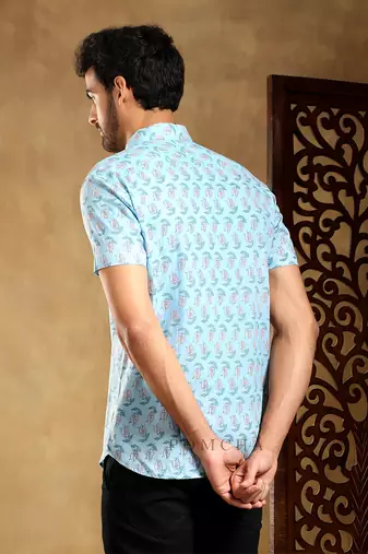 Vistaar blue cotton hand block shirt