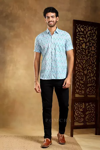 Vistaar blue cotton hand block shirt