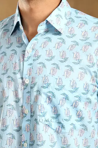 Vistaar blue cotton hand block shirt