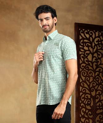 Viraha green cotton hand block shirt 1