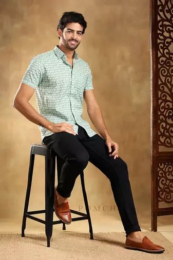 Viraha green cotton hand block shirt