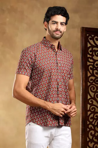 Dahleez maroon cotton hand block shirt