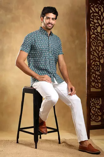 Dahleez blue cotton hand block shirt