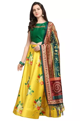 Yellow Semi-Stitched Satin Silk Lehenga Choli Set With Dupatta