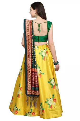 Yellow Semi-Stitched Satin Silk Lehenga Choli Set With Dupatta
