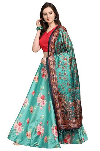 Rama Satin Silk Lehenga Choli Set With Dupatta