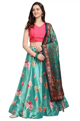 Rama Satin Silk Lehenga Choli Set With Dupatta