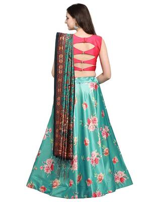 Rama Satin Silk Lehenga Choli Set With Dupatta 3