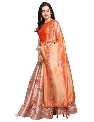 Peach Satin Silk Lehenga Choli Set With Dupatta 1