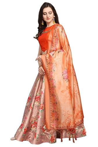 Peach Satin Silk Lehenga Choli Set With Dupatta