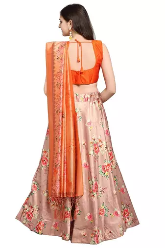 Peach Satin Silk Lehenga Choli Set With Dupatta