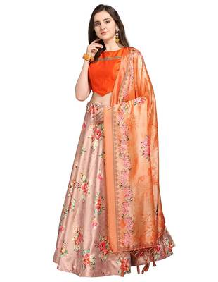Peach Satin Silk Lehenga Choli Set With Dupatta 3