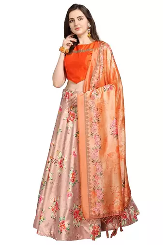 Peach Satin Silk Lehenga Choli Set With Dupatta