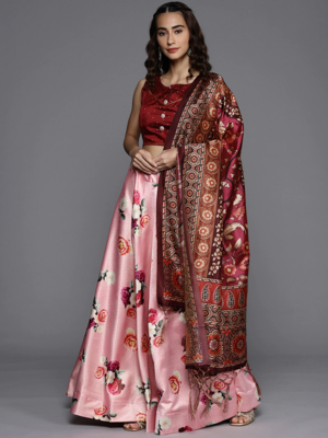 Pink Satin Silk Lehenga Choli Set With Dupatta 1