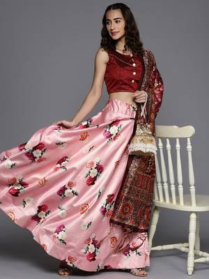 Pink Satin Silk Lehenga Choli Set With Dupatta 2
