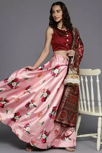Pink Satin Silk Lehenga Choli Set With Dupatta