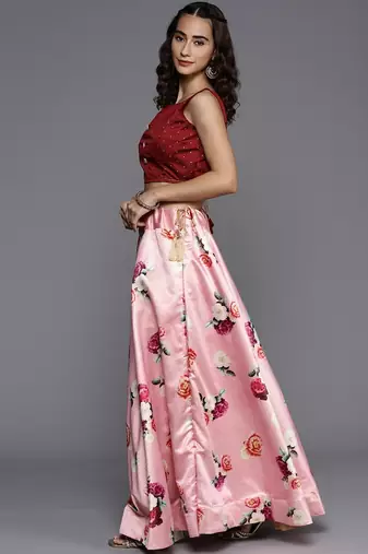 Pink Satin Silk Lehenga Choli Set With Dupatta