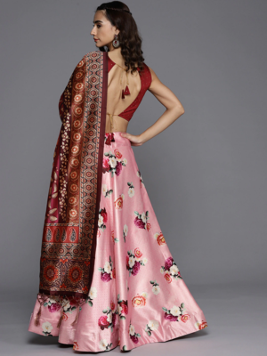Pink Satin Silk Lehenga Choli Set With Dupatta 4