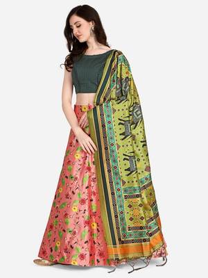Peach Satin Silk Lehenga Choli Set With Dupatta 1