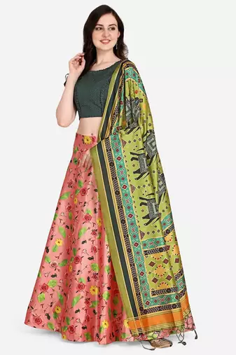 Peach Satin Silk Lehenga Choli Set With Dupatta