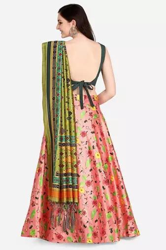 Peach Satin Silk Lehenga Choli Set With Dupatta