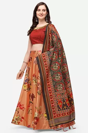 Orange Semi-Stitched Lehenga Choli Set With Dupatta