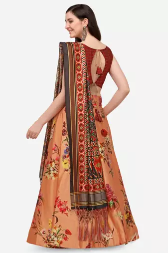 Orange Semi-Stitched Lehenga Choli Set With Dupatta