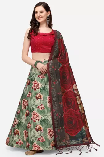 Grey Semi-Stitched Lehenga Choli Set With Dupatta
