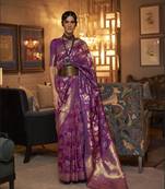 Purple Banarasi Silk Zari Weaving Border And Pallu Saree With Blouse For Women
