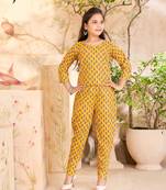 Aarika  girls casual wear yellow colour floral print cotton top & pant