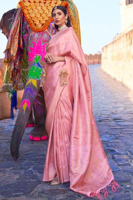 Pink kanjivaram style of silk bland thread & Zari weaving saree with Blouse 1