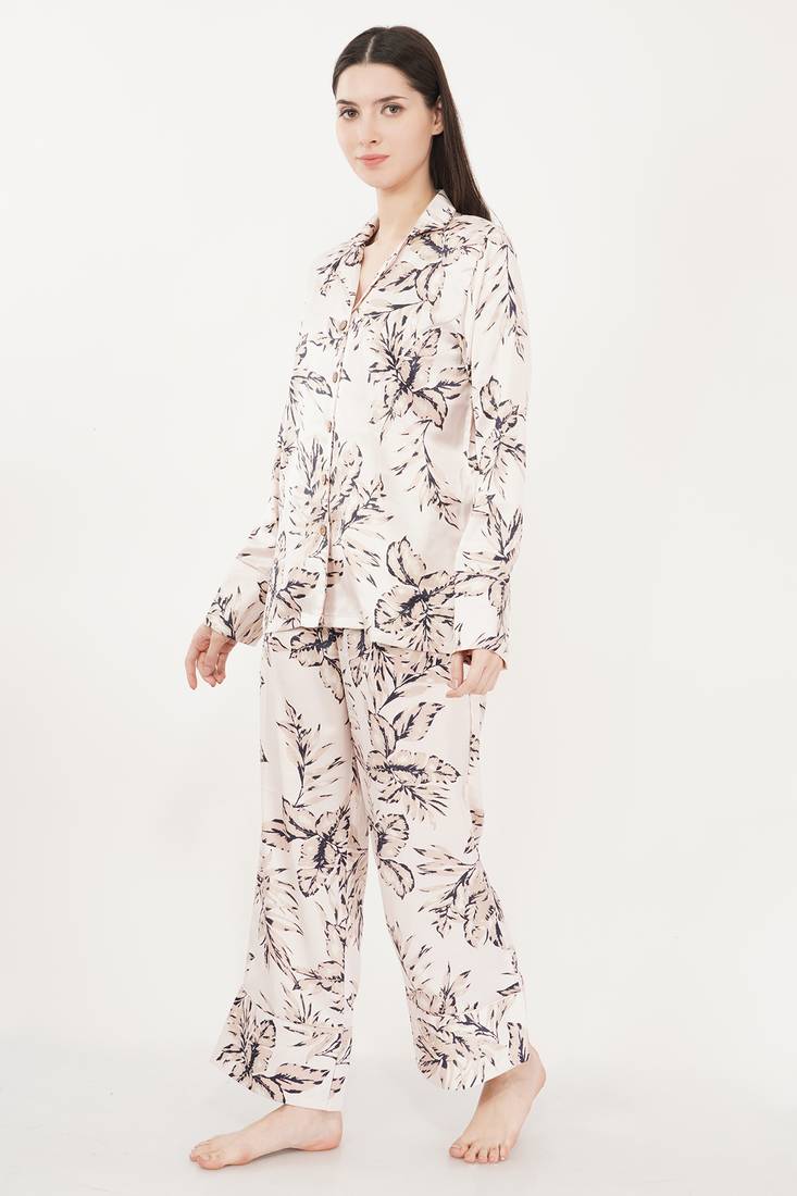 Urban Sundari Floral Printed Shirt Collar Full Sleeves Peach Satin Nightsuit Set Pack of 1