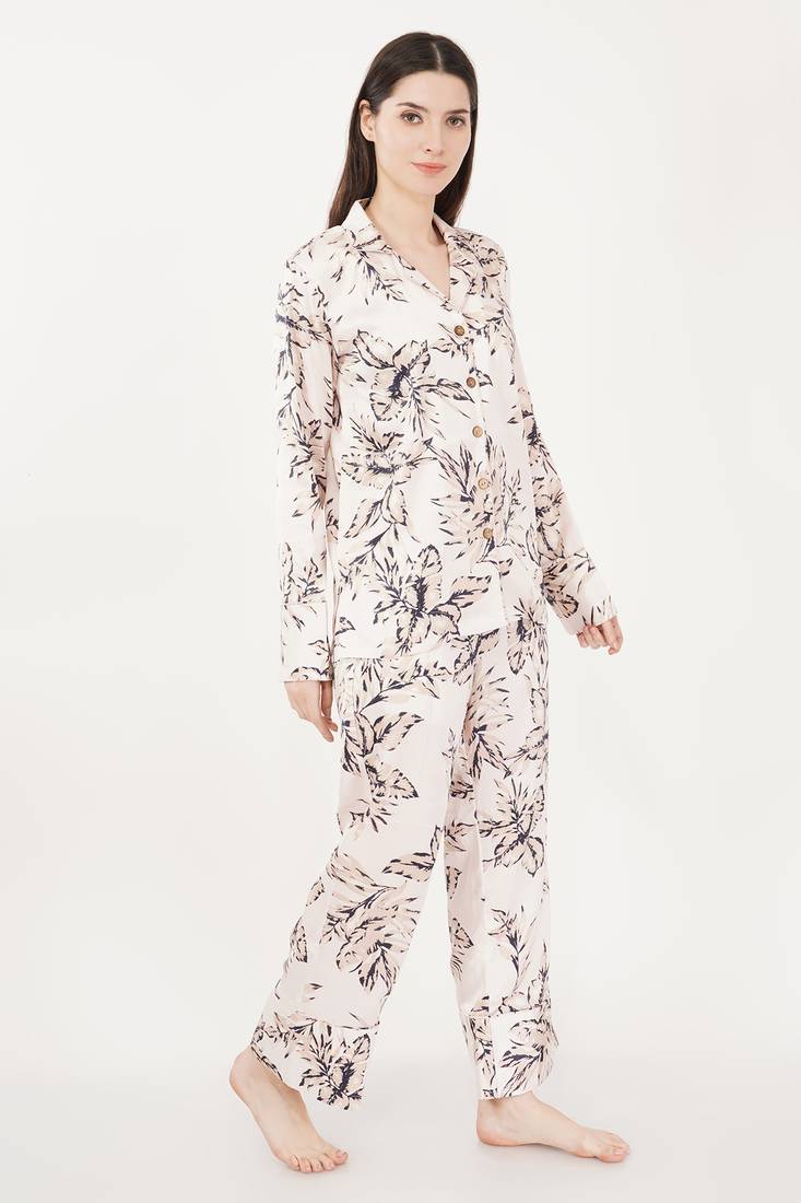 Urban Sundari Floral Printed Shirt Collar Full Sleeves Peach Satin Nightsuit Set Pack of 1