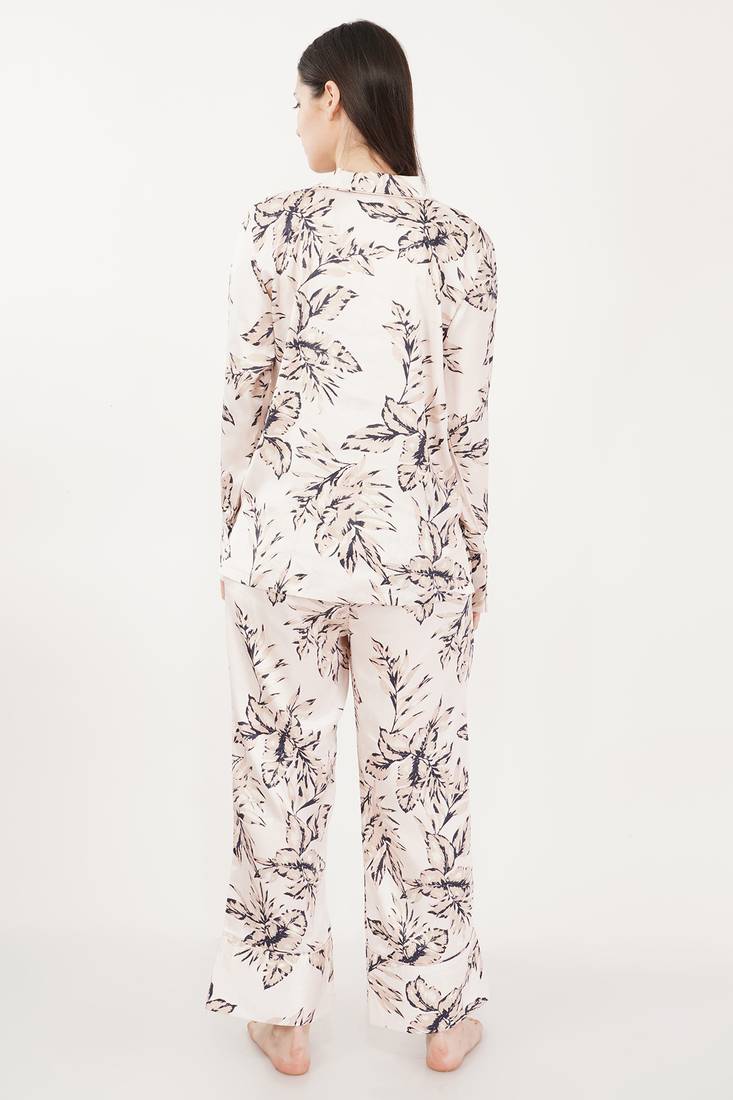 Urban Sundari Floral Printed Shirt Collar Full Sleeves Peach Satin Nightsuit Set Pack of 1