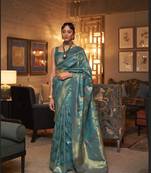 Teal Banarasi Silk Zari Weaving Border And Pallu Saree With Blouse For Women
