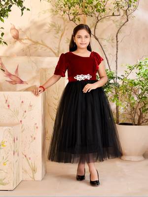 Aarika girls party wear maroon colour self design velvet/net gown 1