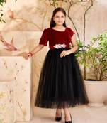 Aarika girls party wear maroon colour self design velvet/net gown