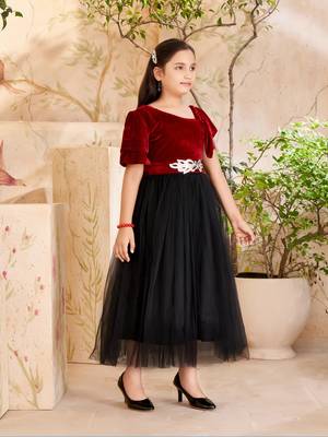 Aarika girls party wear maroon colour self design velvet/net gown 2