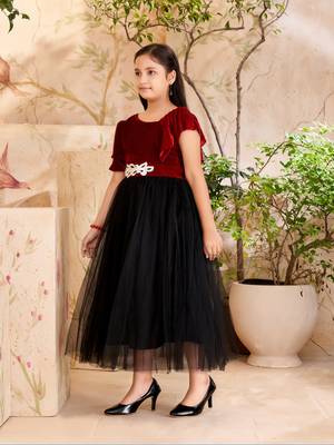 Aarika girls party wear maroon colour self design velvet/net gown 3