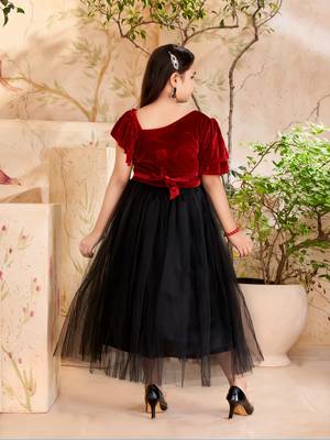 Aarika girls party wear maroon colour self design velvet/net gown 4