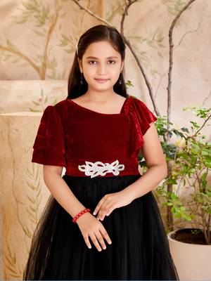 Aarika girls party wear maroon colour self design velvet/net gown 5