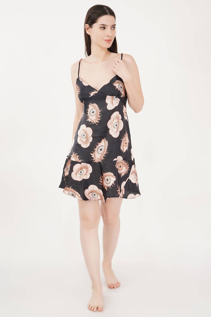 Urban Sundari Floral Printed Shoulder Straps Sleeveless Black Satin Night Dress Pack of 1