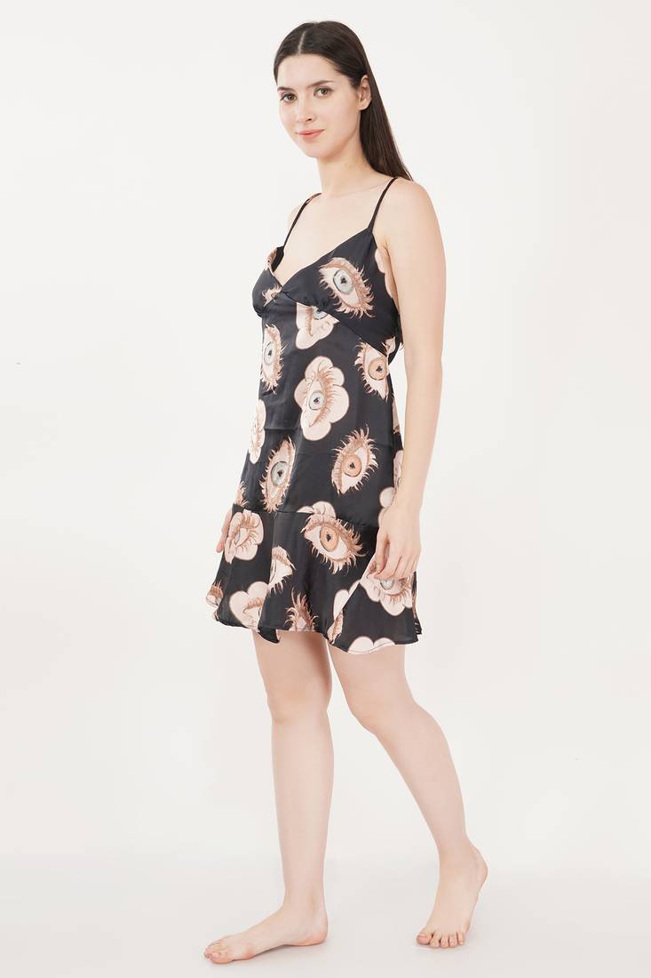 Urban Sundari Floral Printed Shoulder Straps Sleeveless Black Satin Night Dress Pack of 1