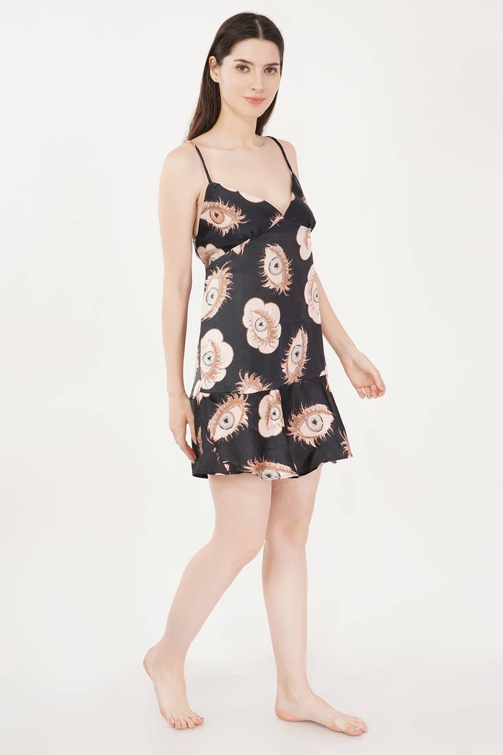 Urban Sundari Floral Printed Shoulder Straps Sleeveless Black Satin Night Dress Pack of 1