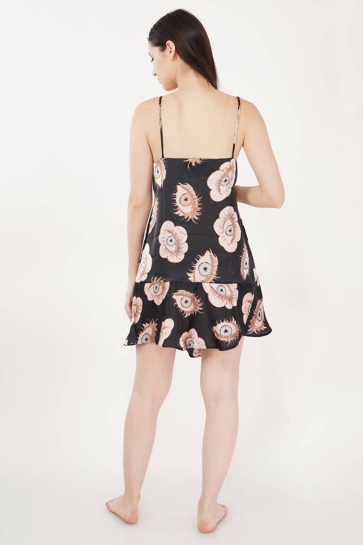 Urban Sundari Floral Printed Shoulder Straps Sleeveless Black Satin Night Dress Pack of 1