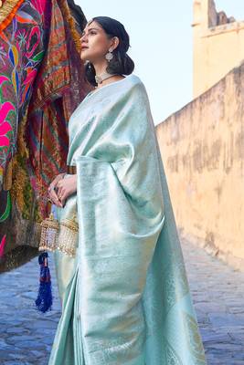 Sky Blue Art Silk Designer Border And Pallu With Blouuse And Saree For Women 2